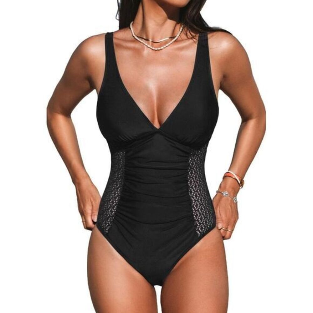 NWT CUPSHE Women's One Piece Ruched Plunging V‎ Neck Lace Swimsuit Size XS